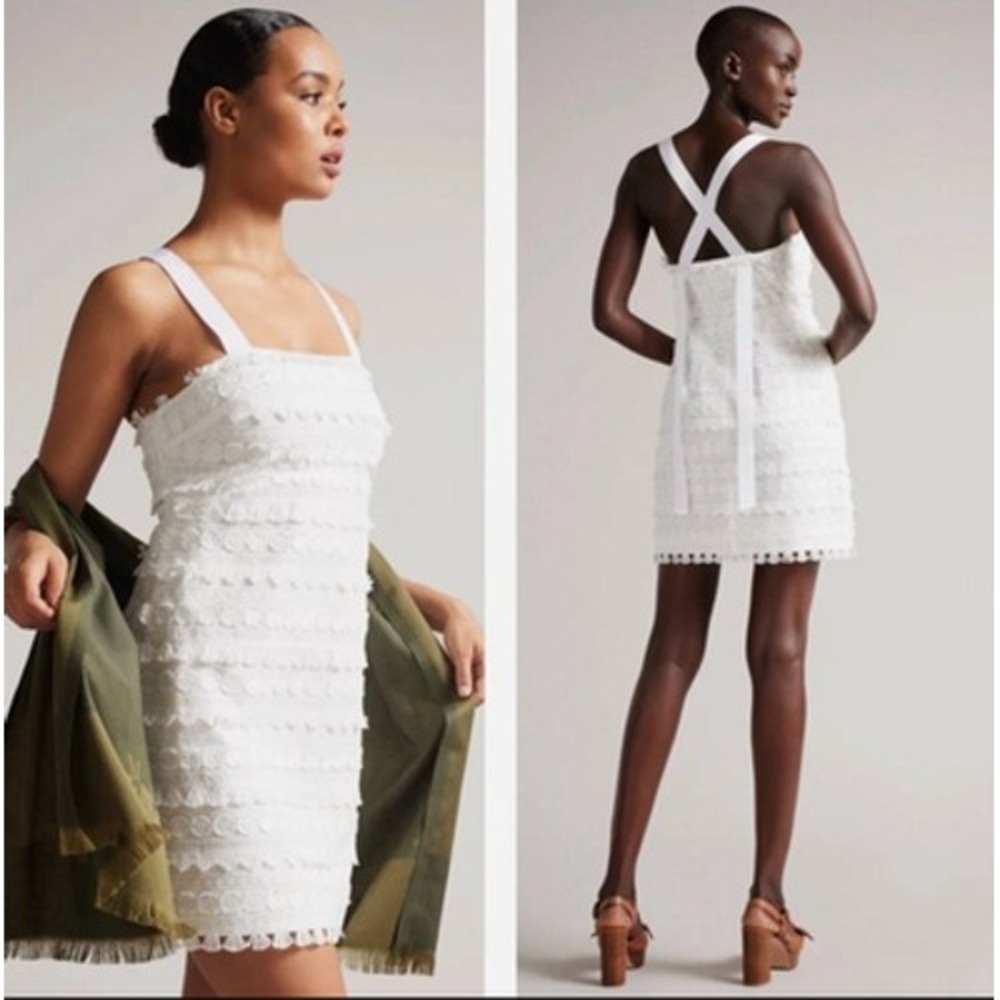 NEW Ted Baker Dress Womens 0 White Eleynor Tassel‎ Mini Sundress Boho Party